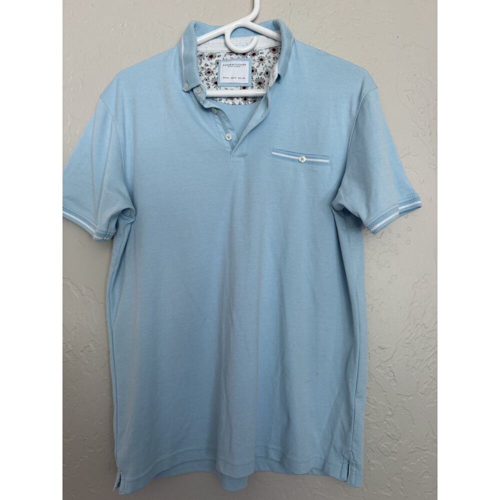 Denim & Flower Ricky Singh Mens M light blue Tipped Polo Shirt Short Sleeve